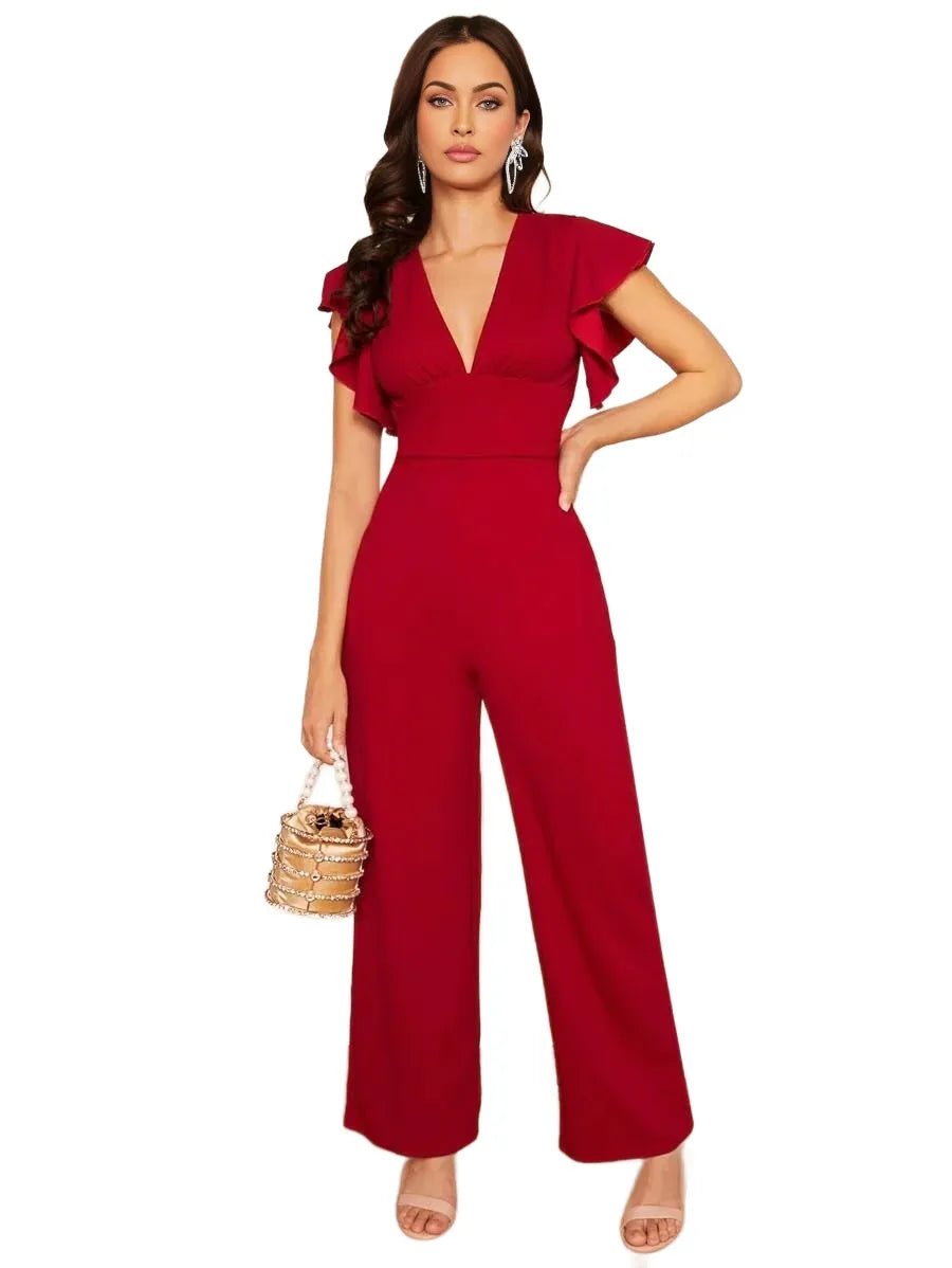 Imelda Jumpsuit - Refined Style - Regular Fit - Medium Stretch Fabric - Long Length - High Waist - Deep V Neck - Flounce Cap Sleeve