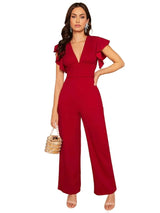 Imelda Jumpsuit - Refined Style - Regular Fit - Medium Stretch Fabric - Long Length - High Waist - Deep V Neck - Flounce Cap Sleeve