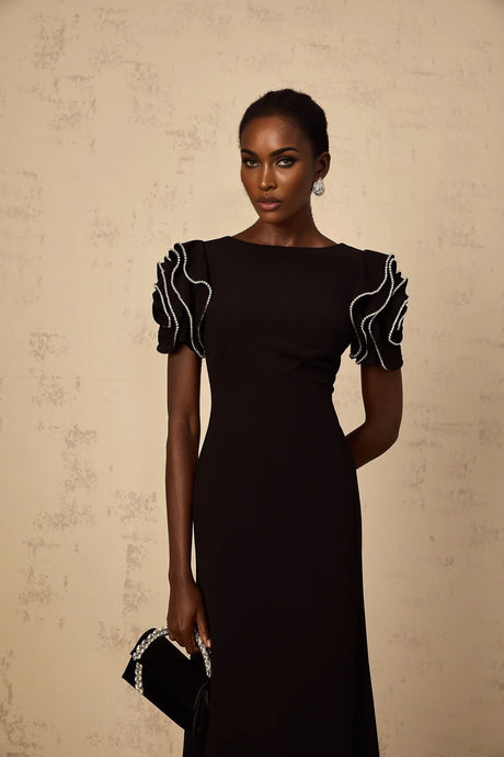 Imelda Maxi Dress Black Ruffled Crystal Embellished