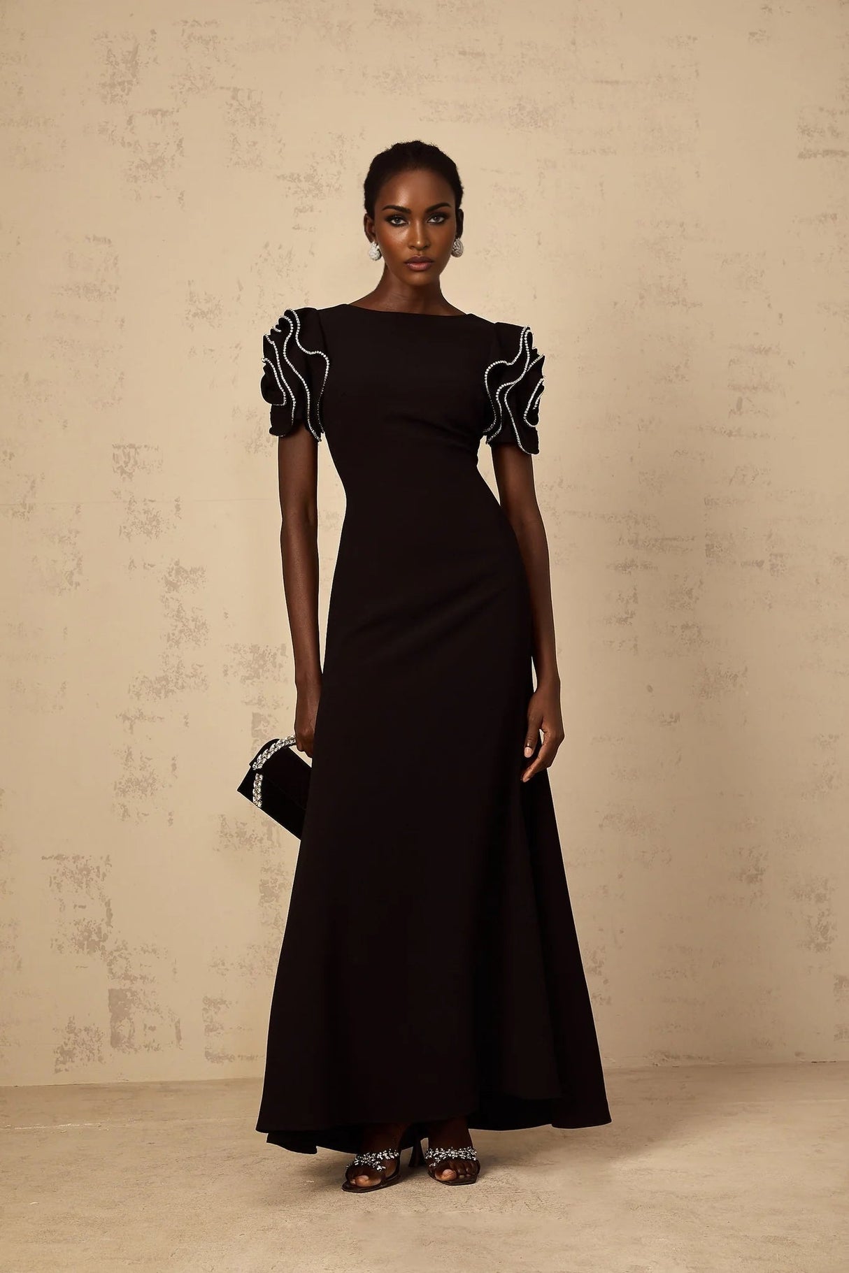 Imelda Maxi Dress Black Ruffled Crystal Embellished