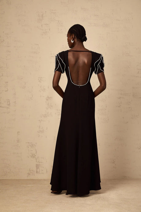 Imelda Maxi Dress Black Ruffled Crystal Embellished