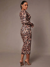 Imelda Midi Dress - V Neckline - Elegant Style - Leopard Print - Twist Details - Slim Fit