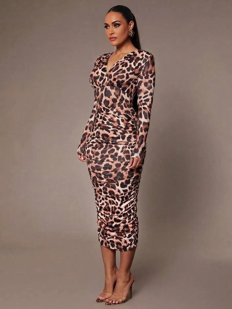 Imelda Midi Dress - V Neckline - Elegant Style - Leopard Print - Twist Details - Slim Fit