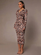 Imelda Midi Dress - V Neckline - Elegant Style - Leopard Print - Twist Details - Slim Fit