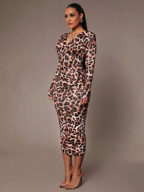 Imelda Midi Dress - V Neckline - Elegant Style - Leopard Print - Twist Details - Slim Fit