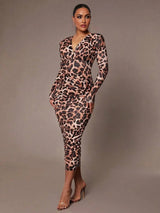 Imelda Midi Dress - V Neckline - Elegant Style - Leopard Print - Twist Details - Slim Fit