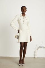 Imelda Mini Dress - Tweed Fabric - Metallic Threading - Sequin Embellishment - Spread Collar - Front Button Details