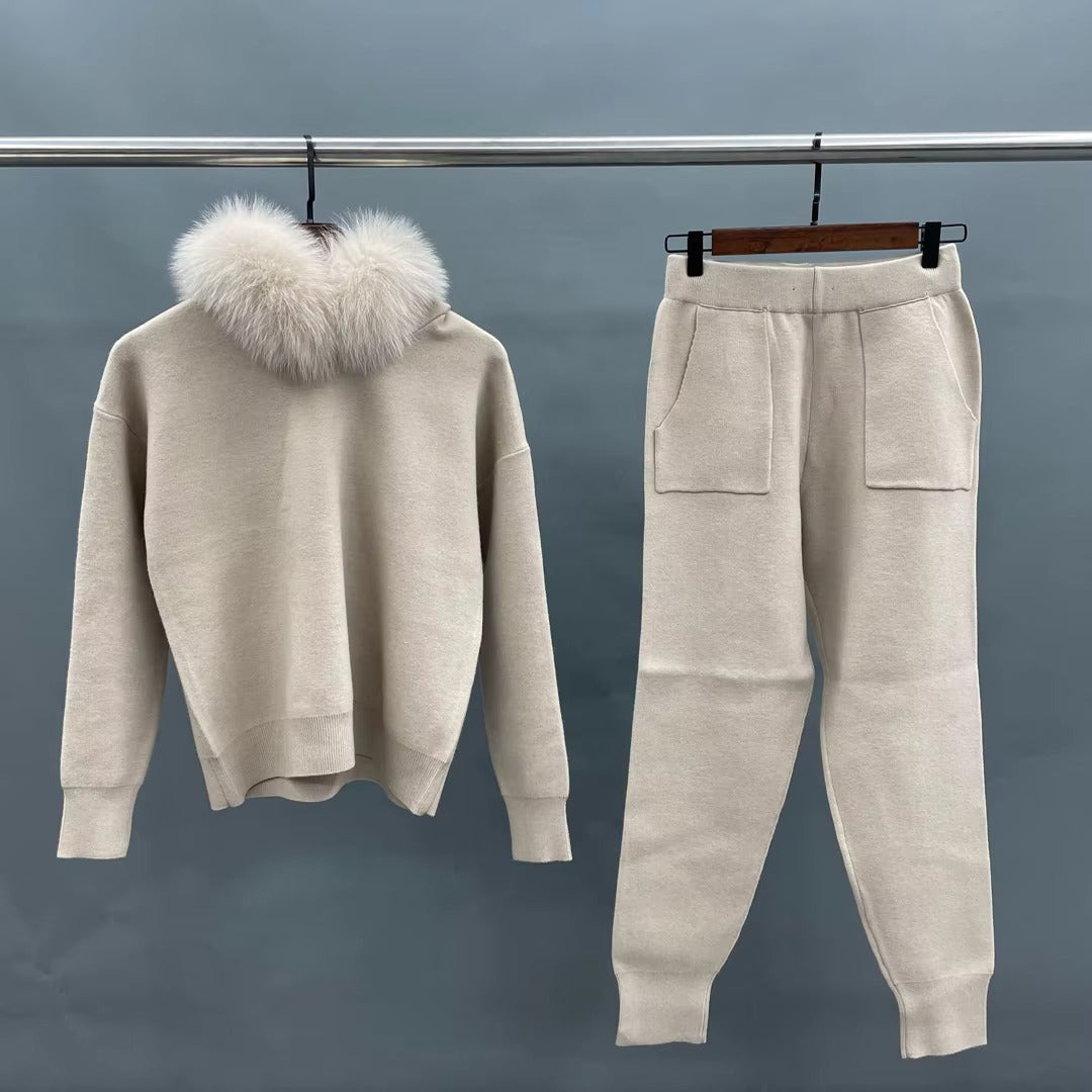 Ansley Cotton Knit Set with Real Fox Fur Hood