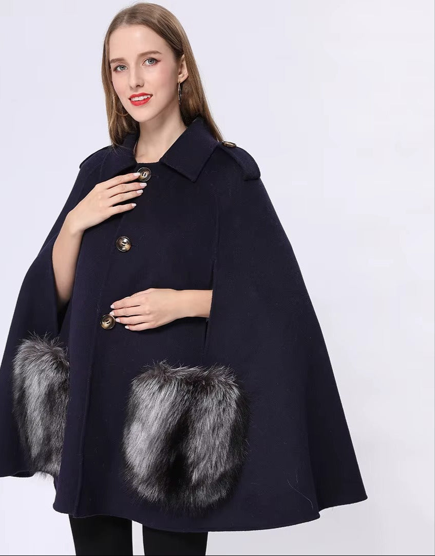 Vivienne Winter Cape in Cashmere Wool with Genuine Fox Fur Pockets