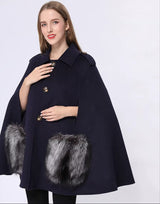 Vivienne Winter Cape in Cashmere Wool with Genuine Fox Fur Pockets
