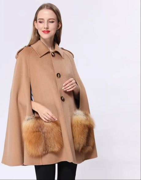 Vivienne Winter Cape in Cashmere Wool with Genuine Fox Fur Pockets in Camel Brown