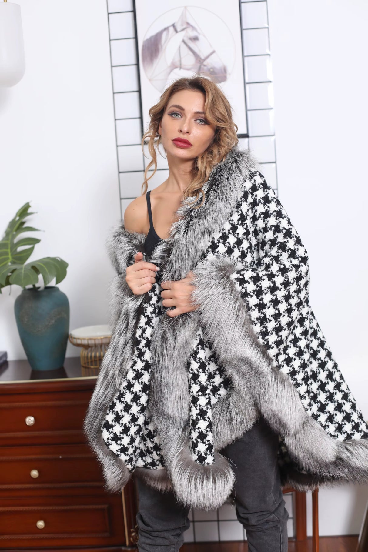 Cashmere & Fur Winter Coat with Embossed Letter Print