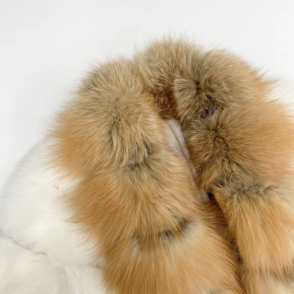 White Fox Fur Jacket with Golden-Brown Collar