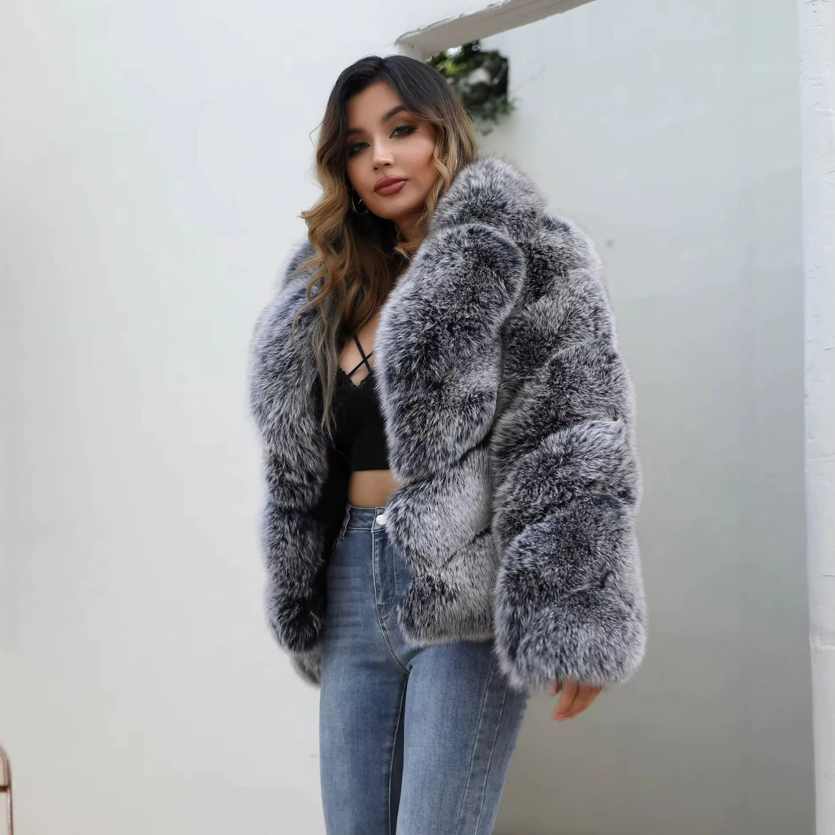 Genuine Silver Fox Fur Coat – European & American Style