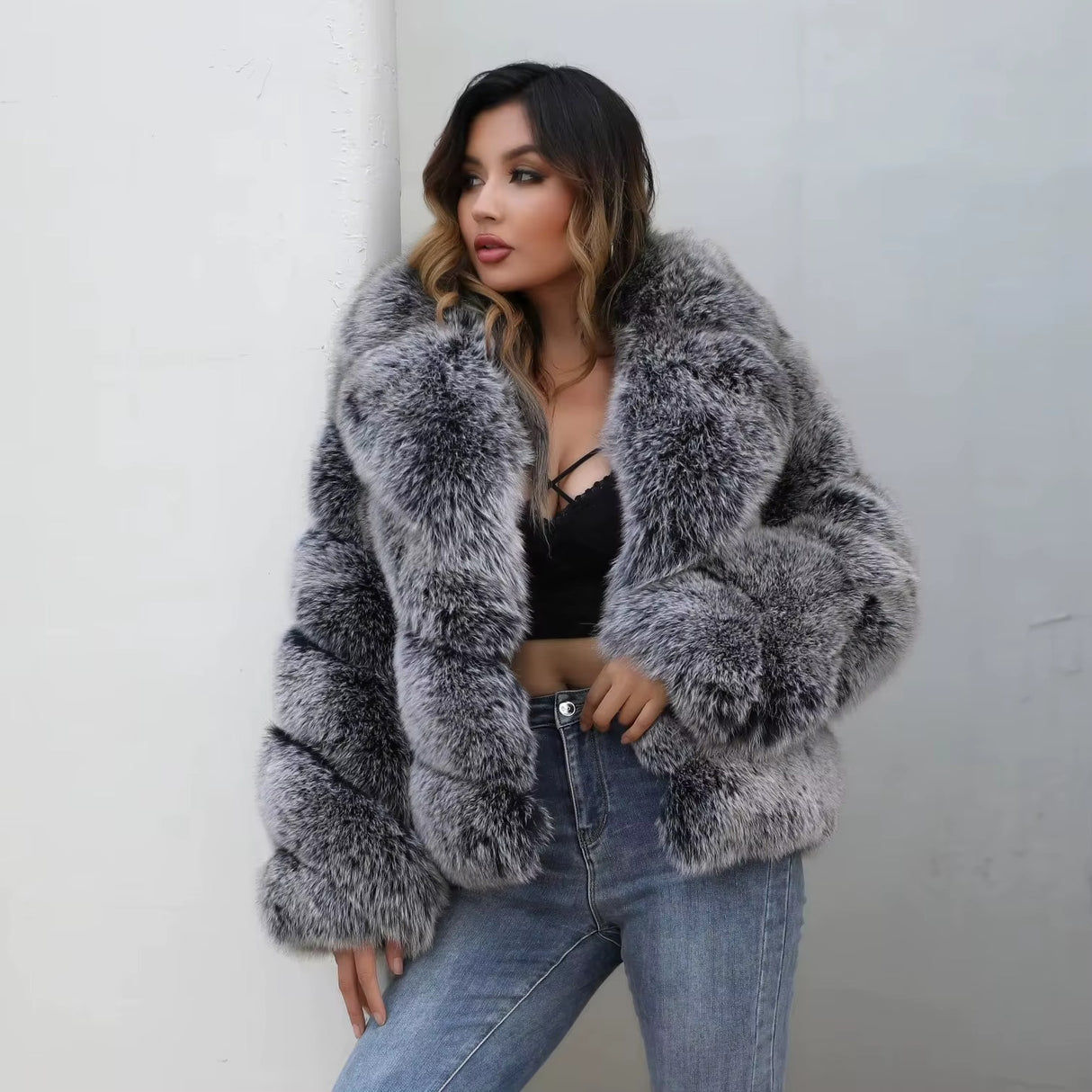 Genuine Silver Fox Fur Coat – European & American Style