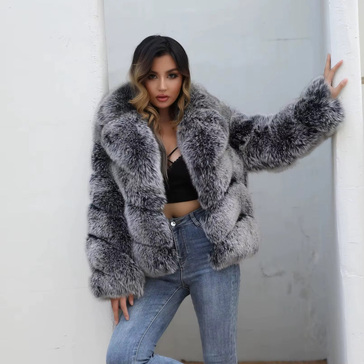 Genuine Silver Fox Fur Coat – European & American Style