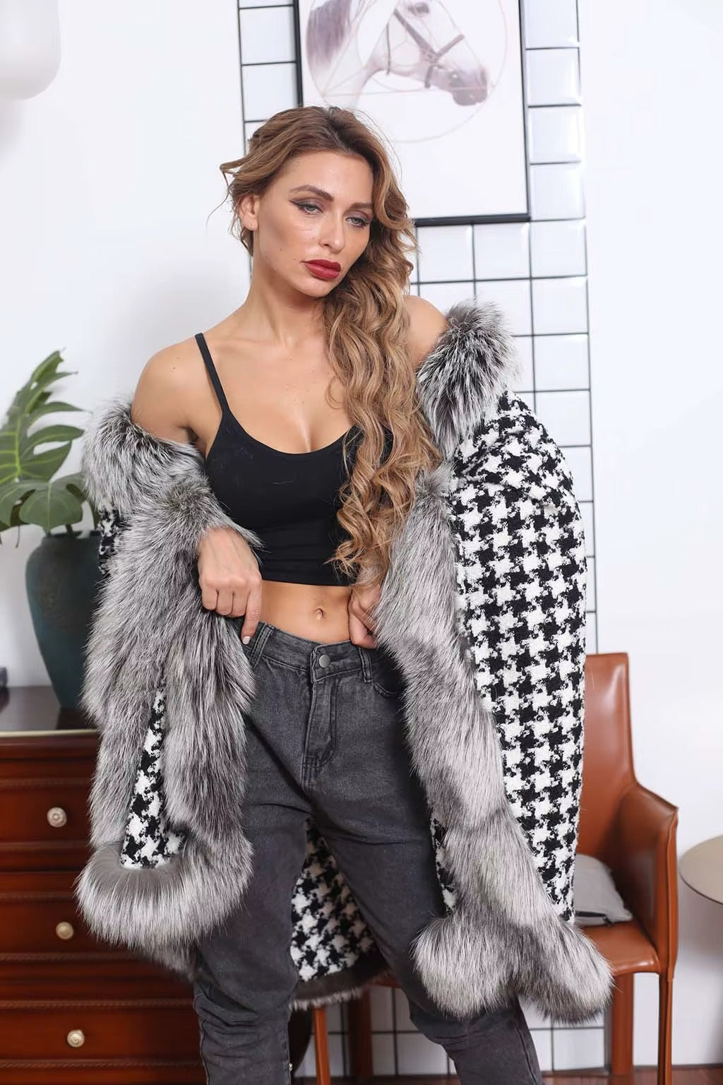 Cashmere & Fur Winter Coat with Embossed Letter Print