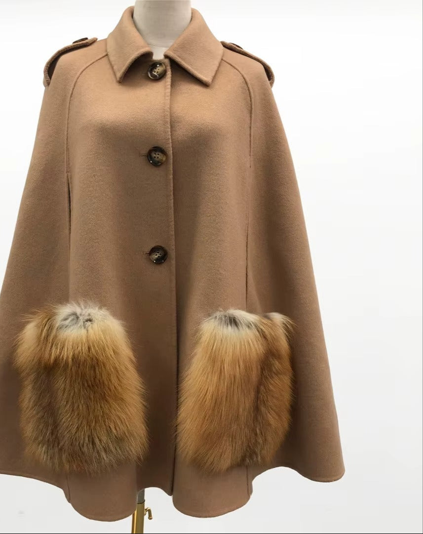 Vivienne Winter Cape in Cashmere Wool with Genuine Fox Fur Pockets