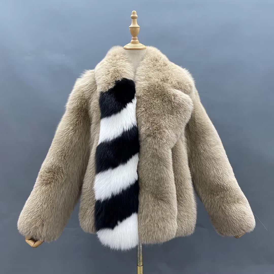 Beige Fox Fur Jacket with Black & White Striped Accent