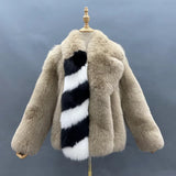 Beige Fox Fur Jacket with Black & White Striped Accent
