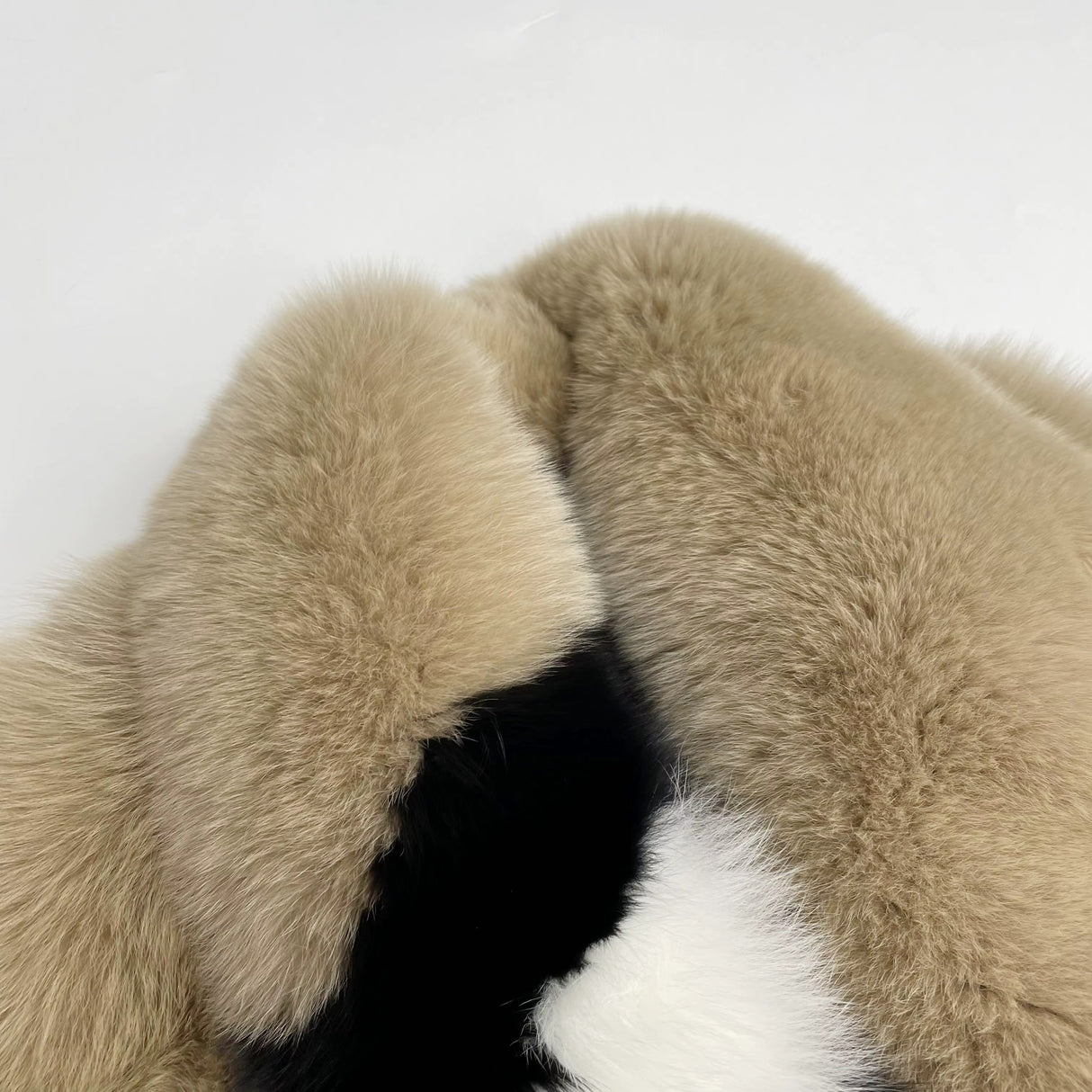 Beige Fox Fur Jacket with Black & White Striped Accent