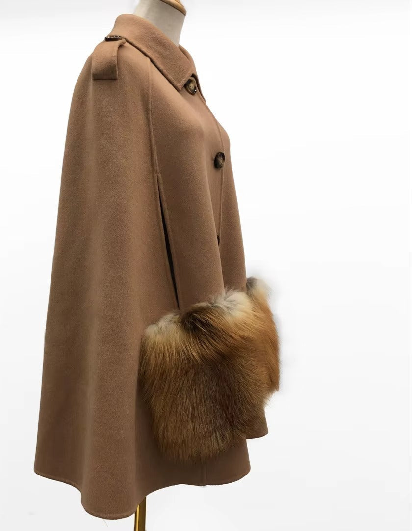 Vivienne Winter Cape in Cashmere Wool with Genuine Fox Fur Pockets