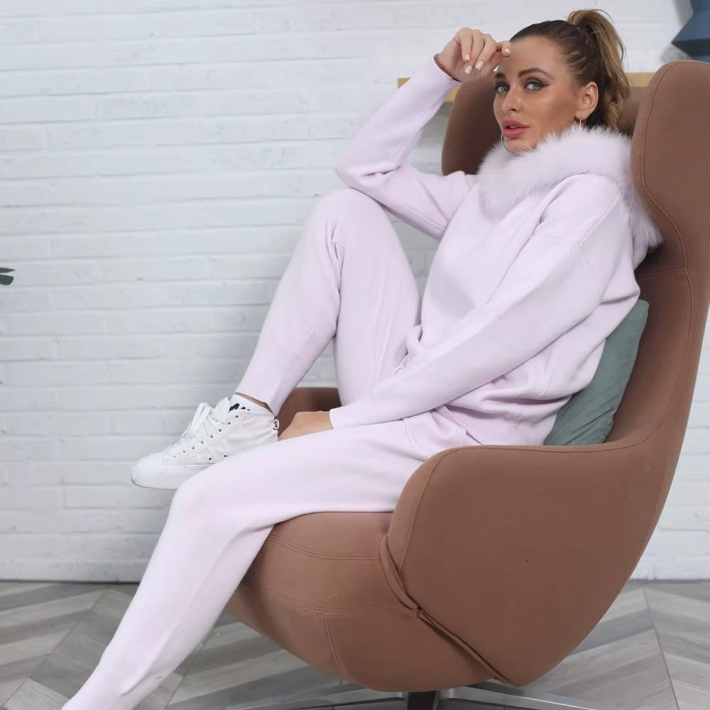 Ansley Cotton Knit Set with Real Fox Fur Hood