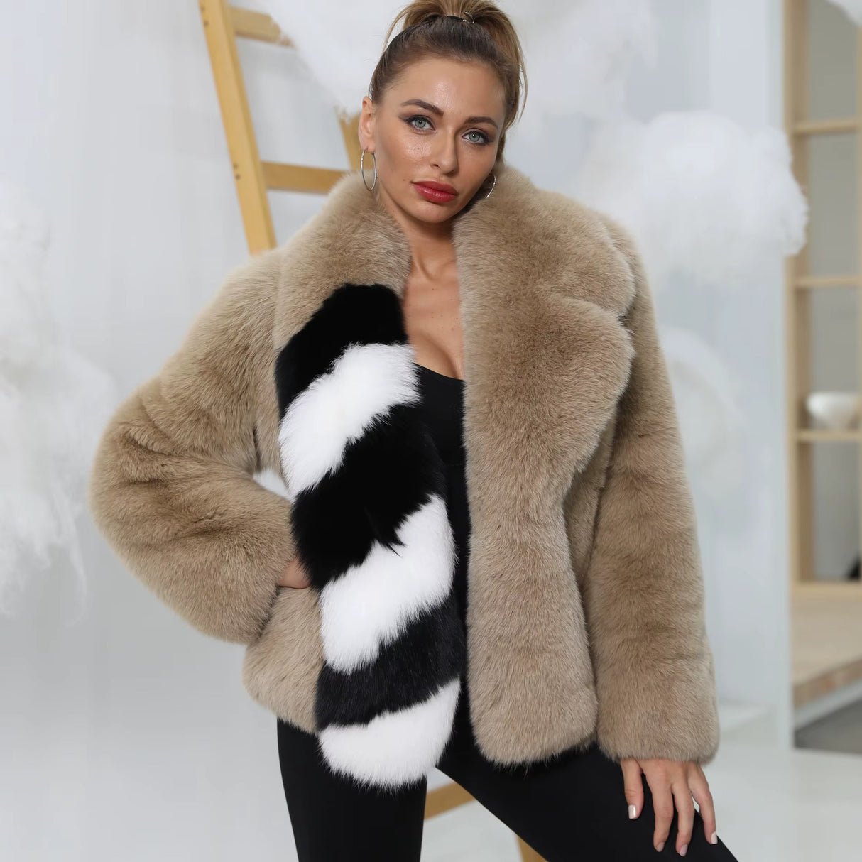 Beige Fox Fur Jacket with Black & White Striped Accent