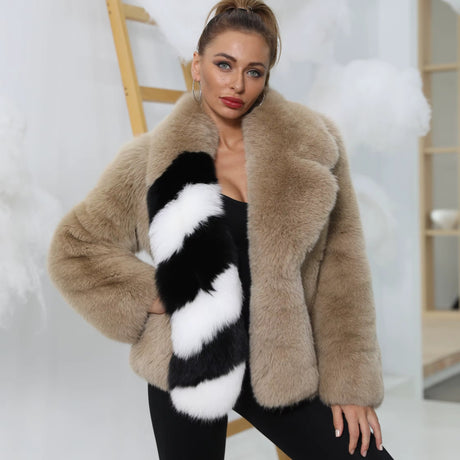 Beige Fox Fur Jacket with Black & White Striped Accent
