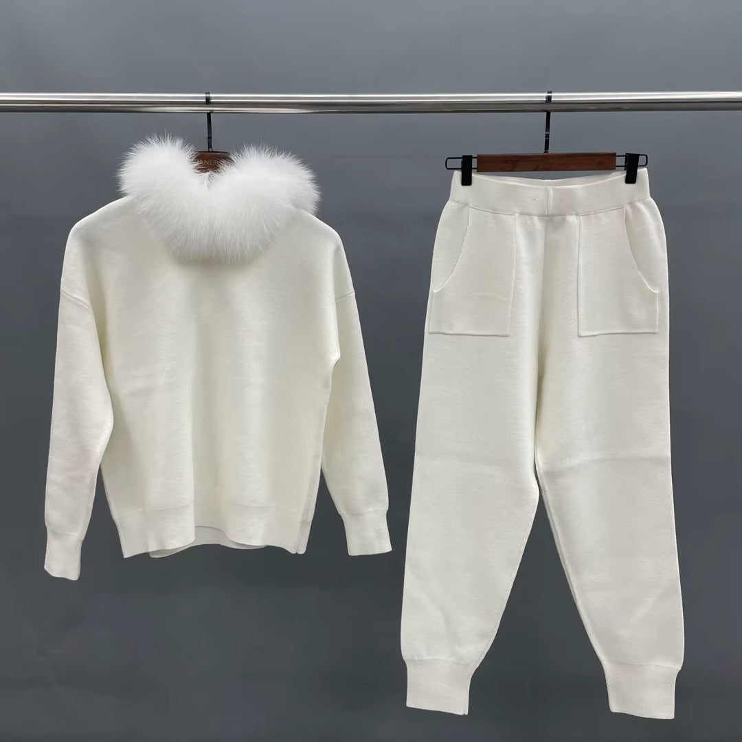 Ansley Cotton Knit Set with Real Fox Fur Hood