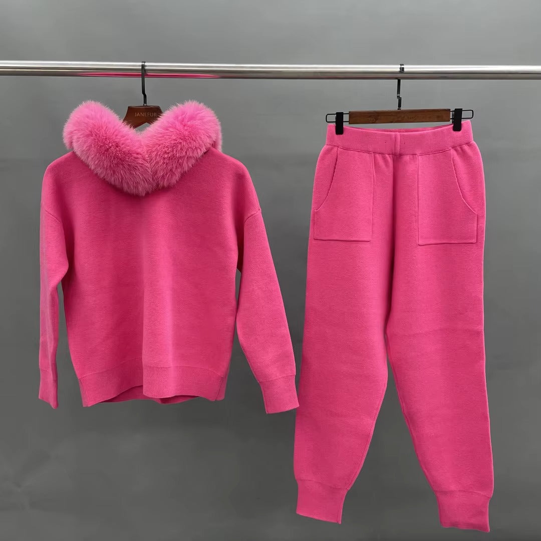 Ansley Cotton Knit Set with Real Fox Fur Hood