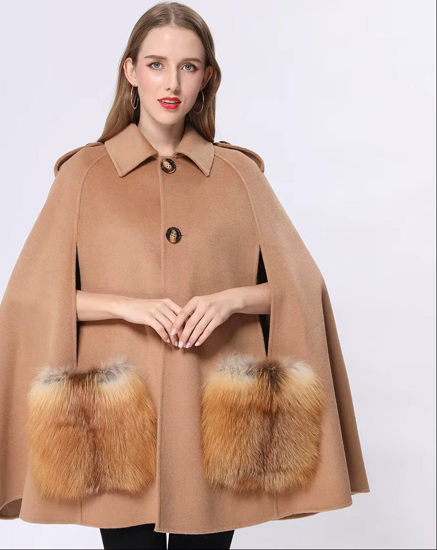 Vivienne Winter Cape in Cashmere Wool with Genuine Fox Fur Pockets