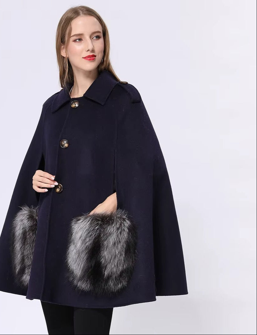 Vivienne Winter Cape in Cashmere Wool with Genuine Fox Fur Pockets