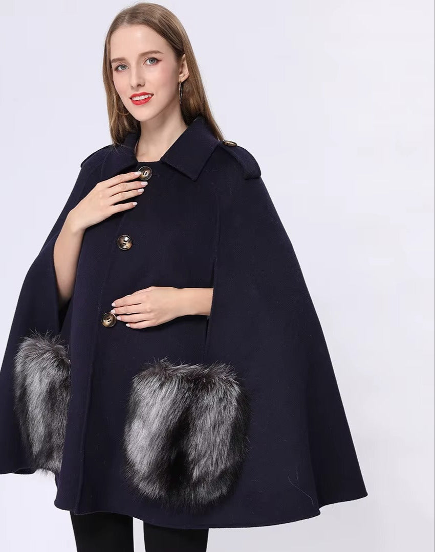 Vivienne Winter Cape in Cashmere Wool with Genuine Fox Fur Pockets