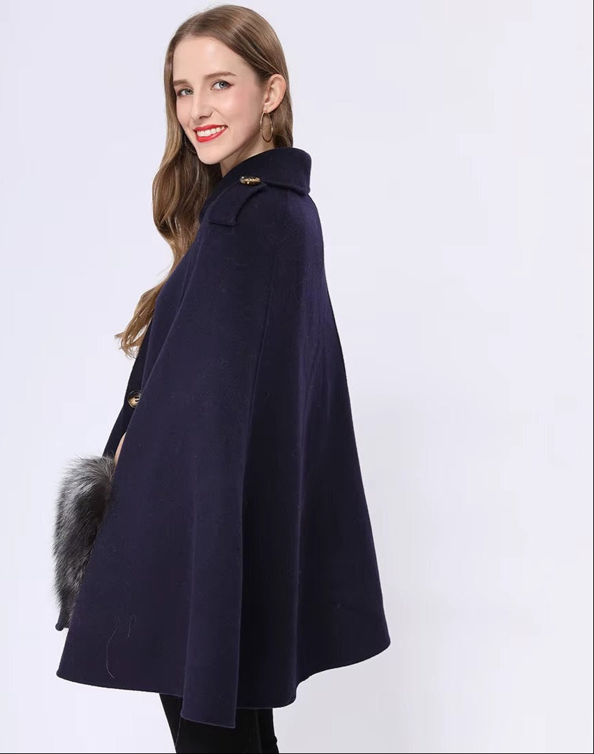 Vivienne Winter Cape in Cashmere Wool with Genuine Fox Fur Pockets