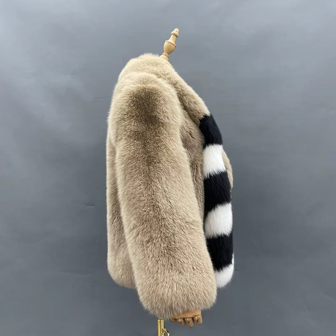 Beige Fox Fur Jacket with Black & White Striped Accent