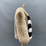 Beige Fox Fur Jacket with Black & White Striped Accent