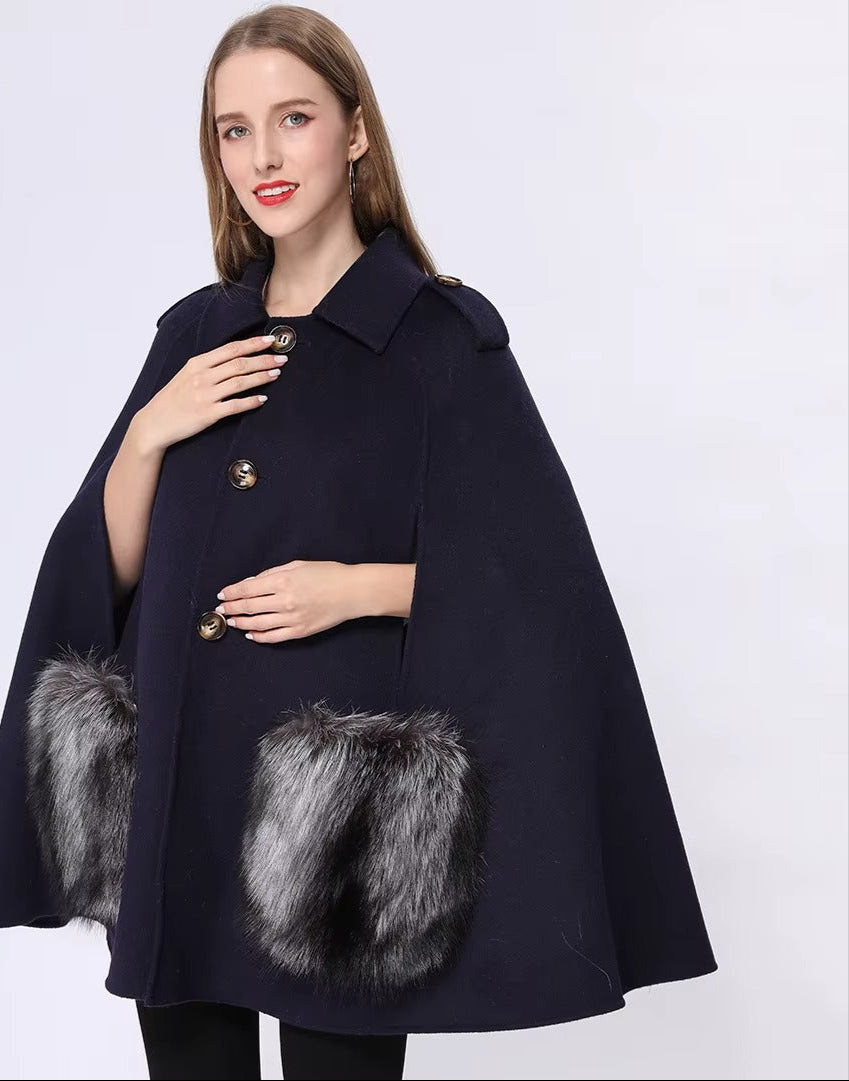 Vivienne Winter Cape in Cashmere Wool with Genuine Fox Fur Pockets