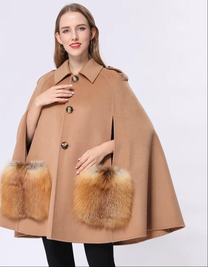 Vivienne Winter Cape in Cashmere Wool with Genuine Fox Fur Pockets