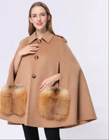 Vivienne Winter Cape in Cashmere Wool with Genuine Fox Fur Pockets