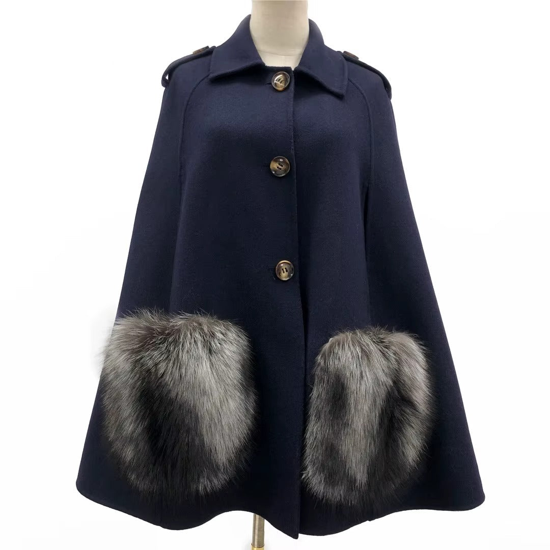 Vivienne Winter Cape in Cashmere Wool with Genuine Fox Fur Pockets