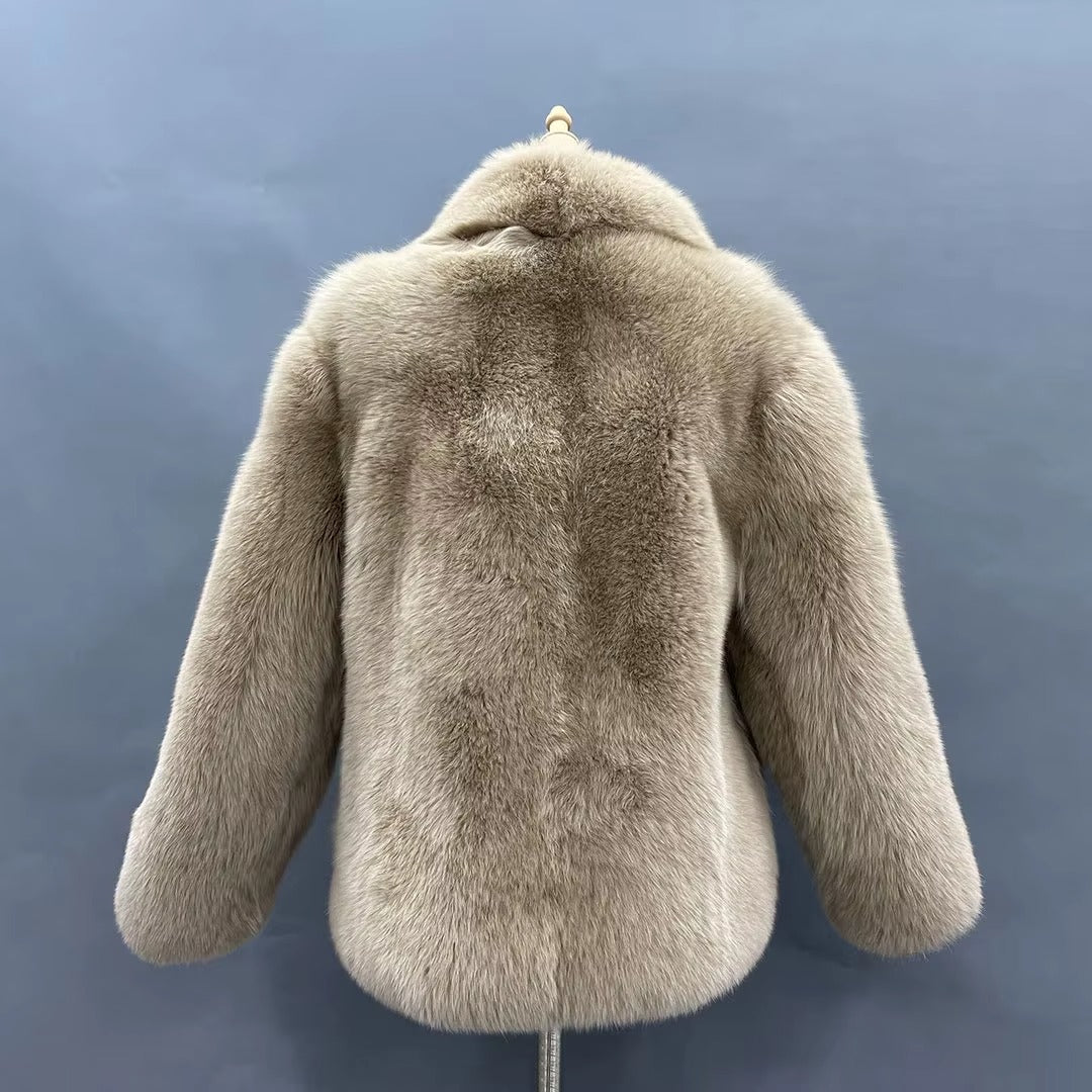 Beige Fox Fur Jacket with Black & White Striped Accent