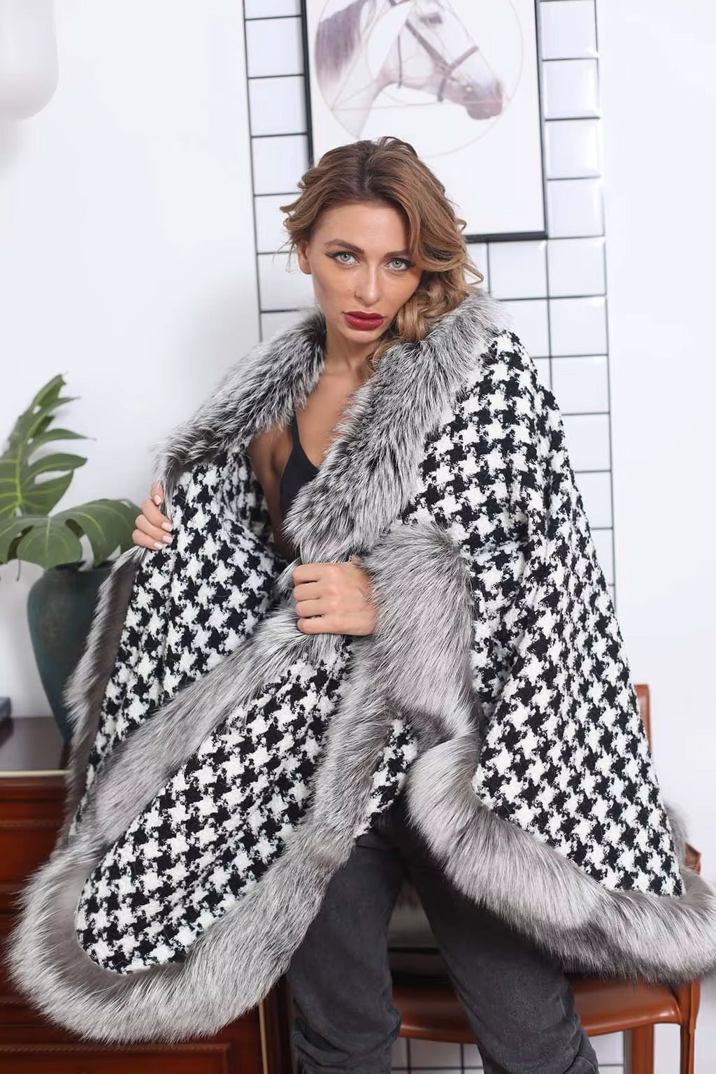 Cashmere & Fur Winter Coat with Embossed Letter Print