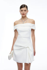 Imogen White Off Shoulder Draped Mini Dress with Ruffles