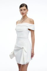 Imogen White Off Shoulder Draped Mini Dress with Ruffles