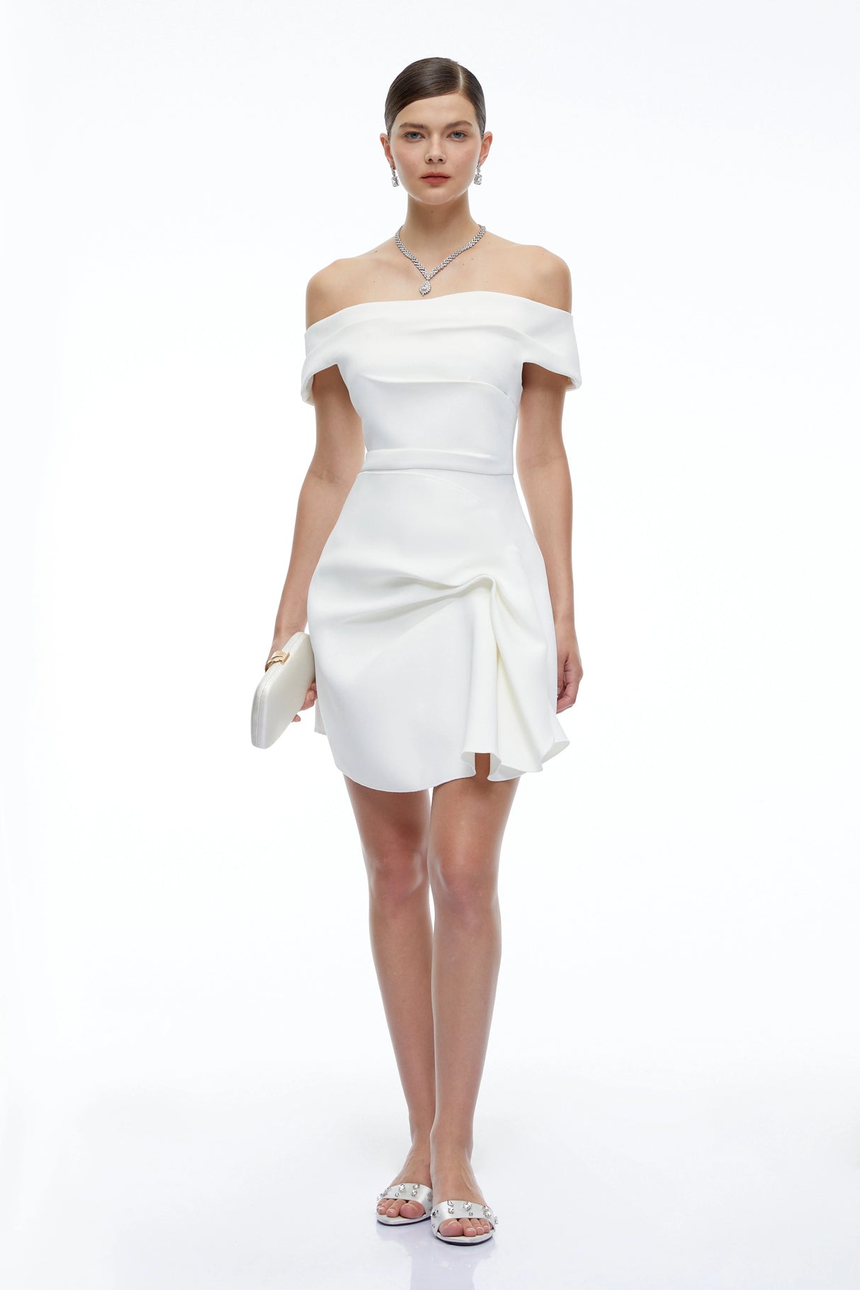 Imogen White Off Shoulder Draped Mini Dress with Ruffles