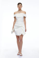 Imogen White Off Shoulder Draped Mini Dress with Ruffles