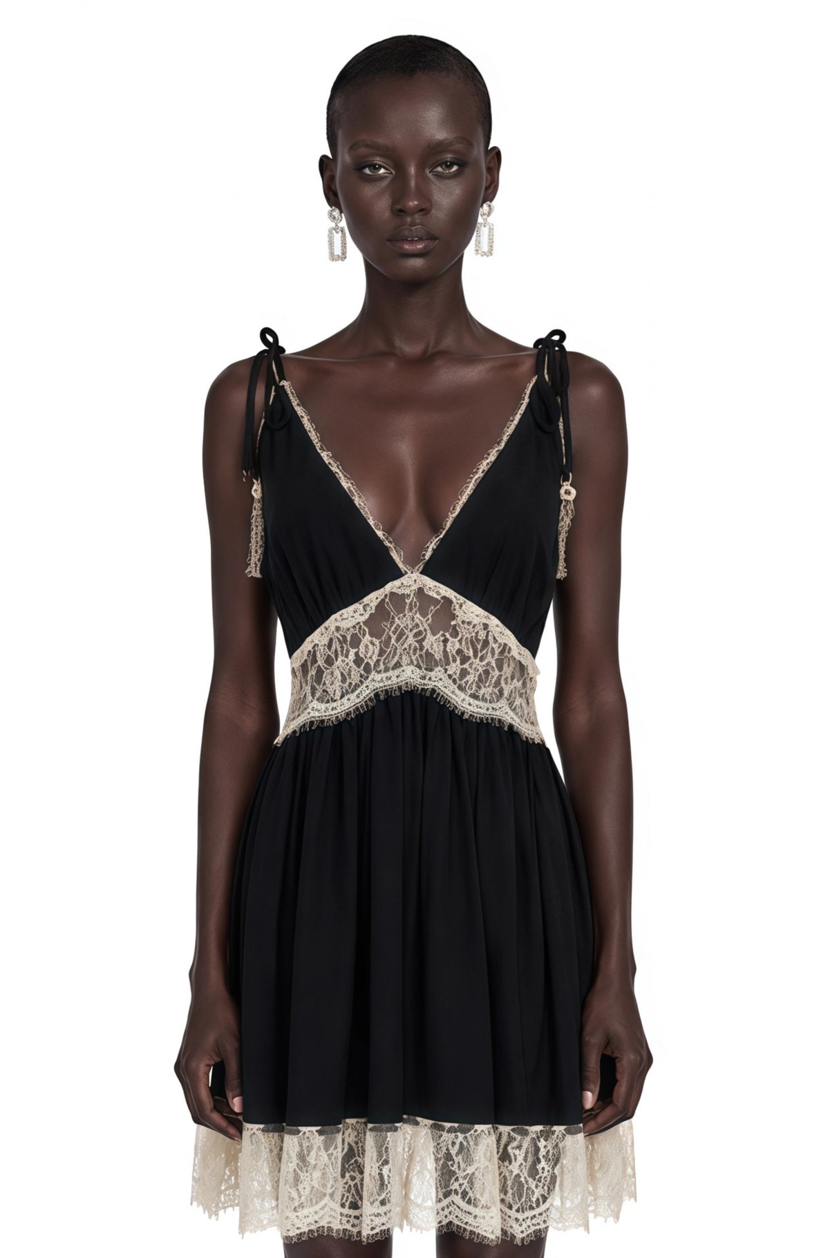 Inci Black Plunge Neck Mini Dress with Lace Panels