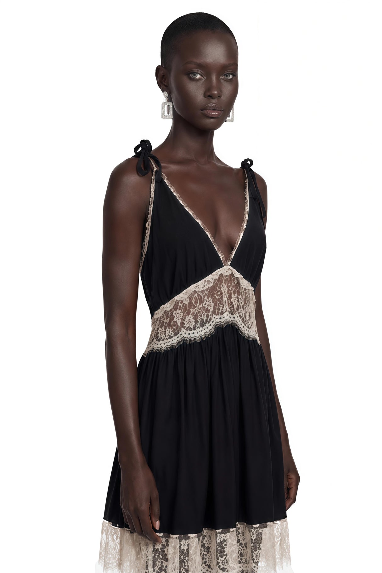 Inci Black Plunge Neck Mini Dress with Lace Panels