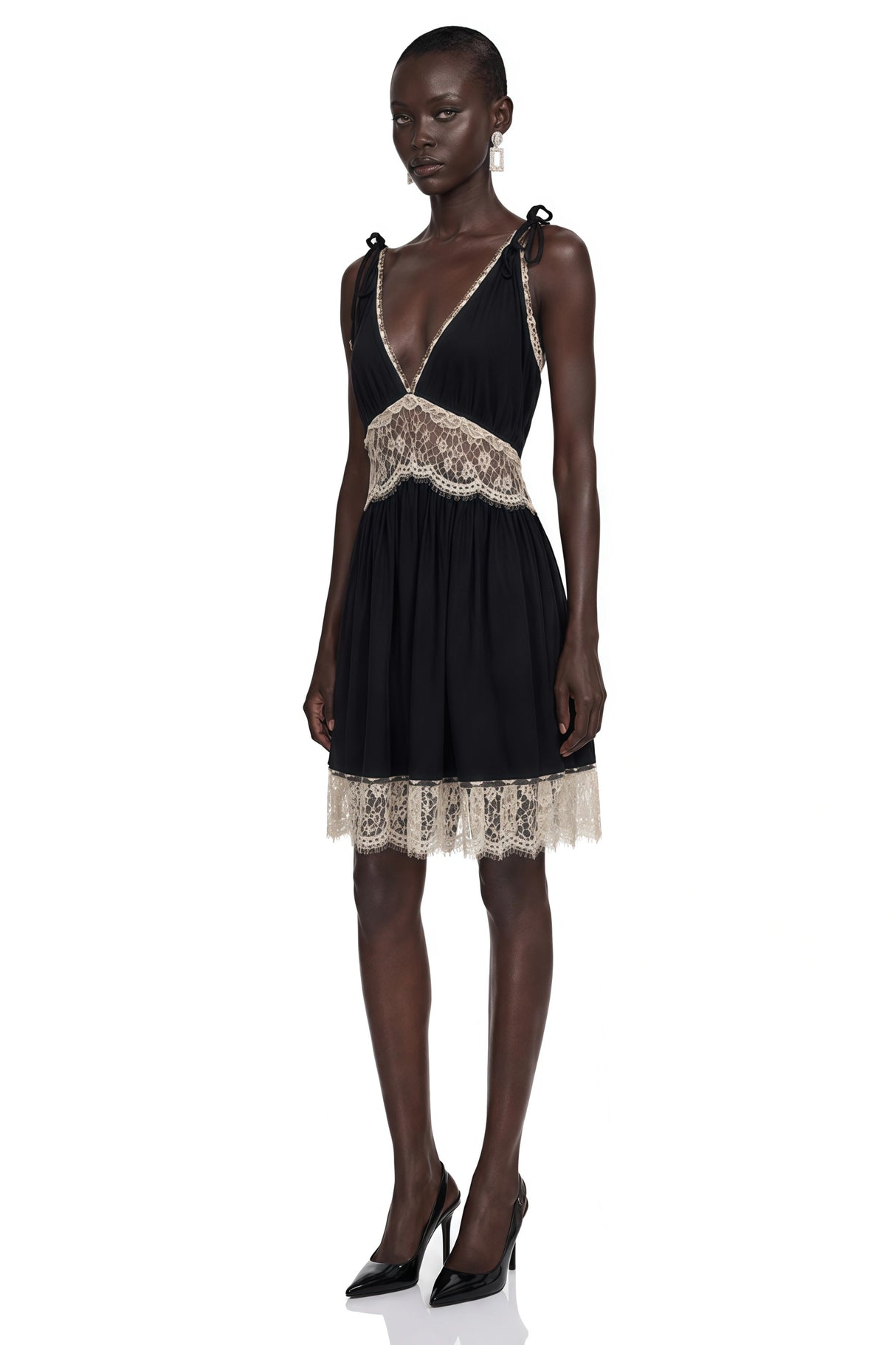 Inci Black Plunge Neck Mini Dress with Lace Panels